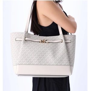 Michael Kors Reed Large Belted Logo Shoulder Bag Tote Light Cream MK Signature